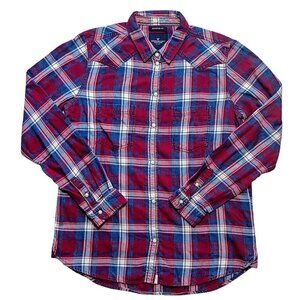 American Eagle Women’s M Red Blue Plaid Boyfriend Button Down Shirt Flannel